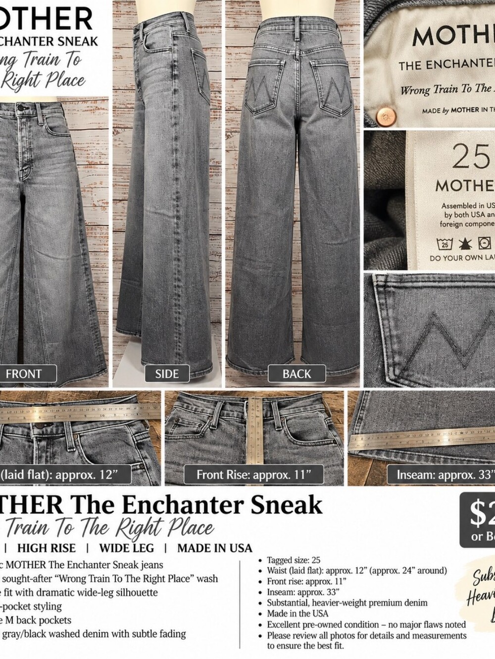 MOTHER The Enchanter Sneak High Rise Wide Leg Jeans 25 Wrong Train To The Right
